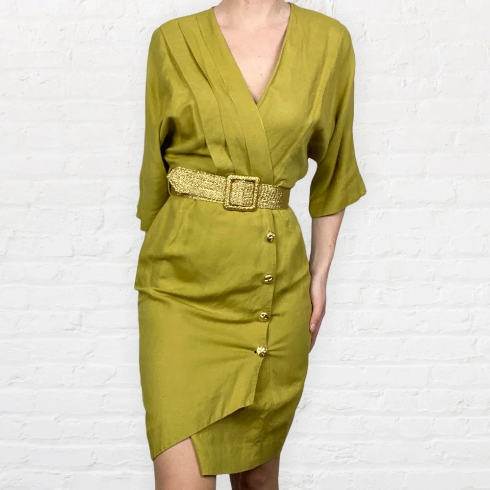 VINTAGE | 1980’s Barbara Barbara Sheen Green Linen Blend Parisian Wrap Dress - Picture 11 of 12